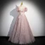 Chic / Belle Rougissant Rose Glitter Appliques Volants Robe De Bal 2024 Princesse Encolure Carrée Manches Courtes Dos Nu Longue Promo Robe De Ceremonie