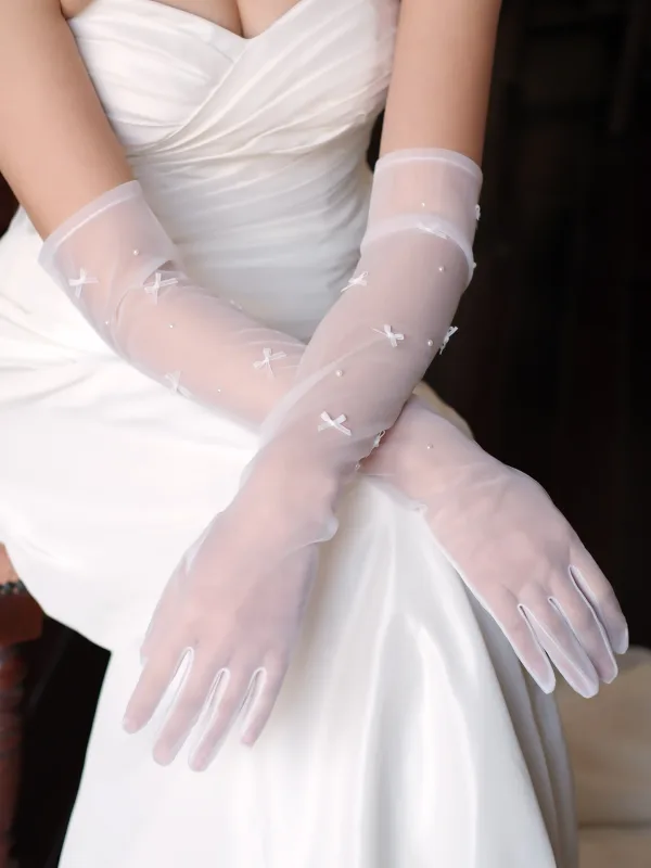 Elegant White Bow Wedding Bridal Gloves 2025 Tulle