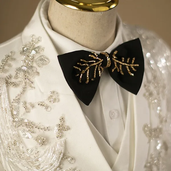 Weiß Handgefertigt Perlenstickerei Satin Lange Ärmel 5 Stück Anzüge Jungs 2025 Hochzeit Mantel Hose Hemd Krawatte Weste