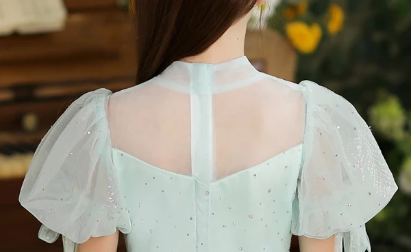 Chic / Belle Vert Cendré Paillettes Noeud Anniversaire Robe Ceremonie Fille 2024 Robe Boule Col Haut Gonflée Manches Courtes Longue
