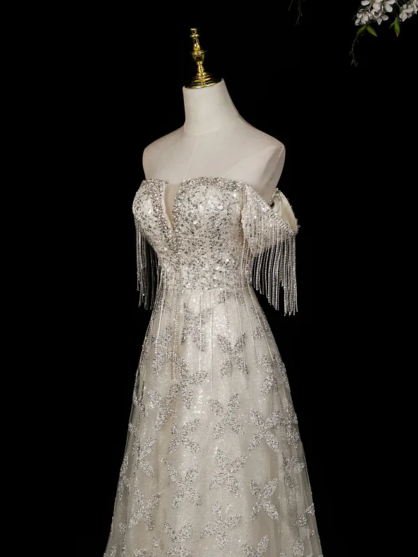 Scintillantes Argenté Perlage Paillettes Robe De Soirée 2026 Princesse De l'épaule Sans Manches Dos Nu Longue Robe De Ceremonie