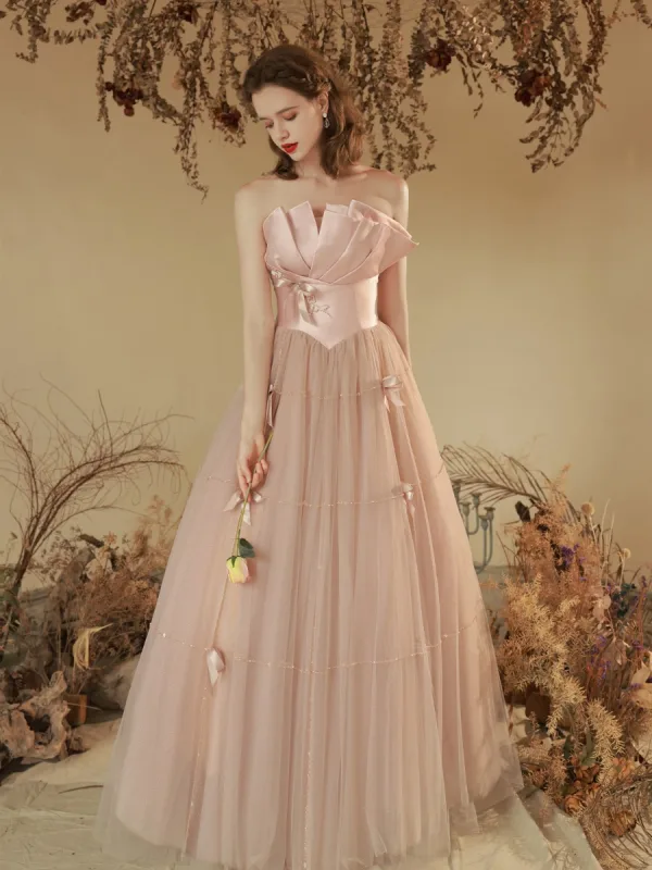 Charmant Rougissant Rose Perlage Robe De Soirée 2023 Princesse Bustier Noeud Sans Manches Dos Nu Longue Soirée Robe De Ceremonie