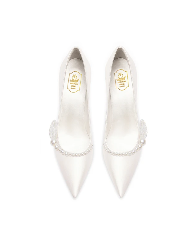 Elegant Ivory Pearl Satin Wedding Shoes 2024 8 cm Stiletto Heels Pointed Toe Wedding Pumps High Heels