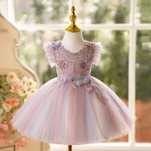 Chic Belle Rougissant Rose Perlage Appliques Paillettes Courte Anniversaire Robe Ceremonie Fille 2024 Robe Boule Encolure Dégagée Sans Manches Dos Nu Tulle