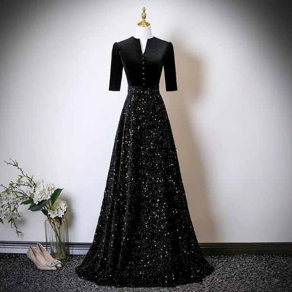 Vintage / Retro Navy Blue Sequins Mother Of The Bride Dresses 2025 A-Line / Princess High Neck Short Sleeve Floor-Length / Long