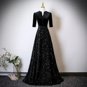 Élégant Noire Paillettes Robe Mère De La Mariée 2025 Princesse Col Haut Manches Courtes Longue Mariage