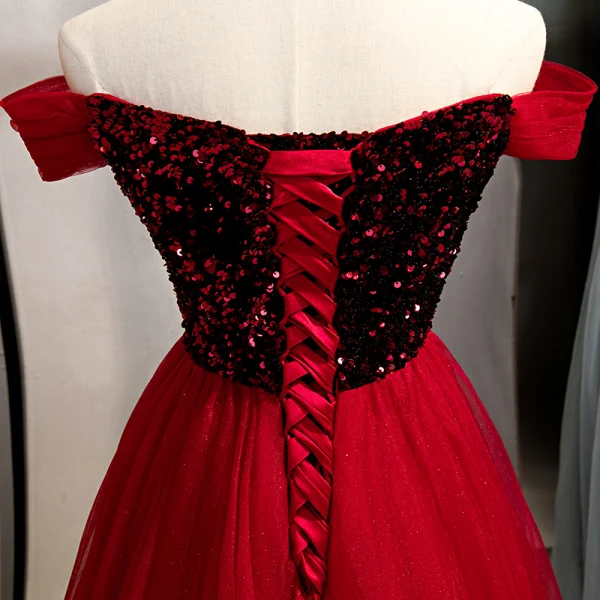 Chic / Belle Bordeaux Paillettes Robe De Bal 2023 Princesse De l'épaule Sans Manches Dos Nu Longue Promo Robe De Ceremonie