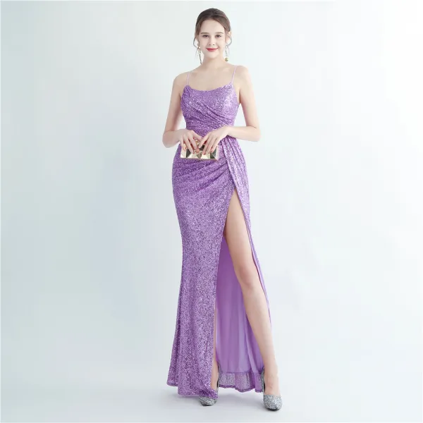 Sexy Bling Bling Bleu Ciel Paillettes Fendue devant Robe De Soirée 2024 Trompette / Sirène Bretelles Spaghetti Sans Manches Dos Nu Longue Soirée Robe De Ceremonie