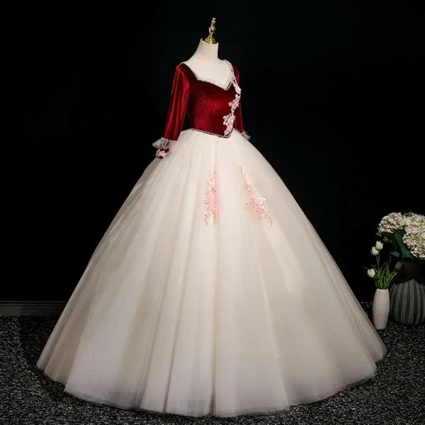Elegant Burgundy Beading Sequins Lace Flower Appliques Prom Dresses 2025 Ball Gown Square Neckline 3/4 Sleeve Backless Floor-Length / Long Formal Dresses