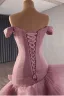 High-end Unusual Blushing Pink Cascading Ruffles Prom Dresses 2025 Ball Gown Off-The-Shoulder Short Sleeve Backless Sweep Train Formal Dresses