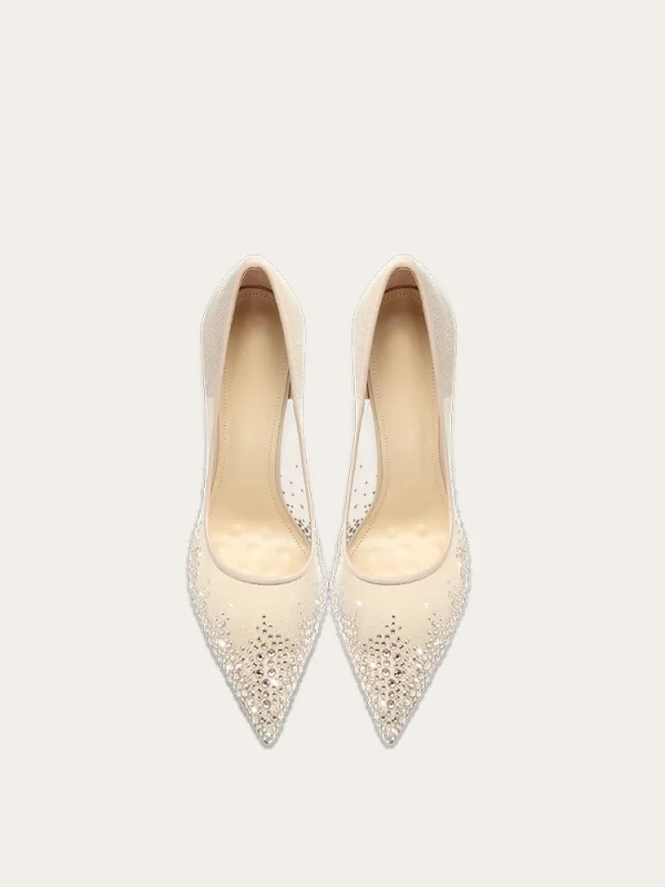 Charmant Nude Rhinestone Bruidsschoenen 2025 Leer 10 cm Naaldhakken / Stiletto Spitse Neus Huwelijk Pumps Hoge Hakken