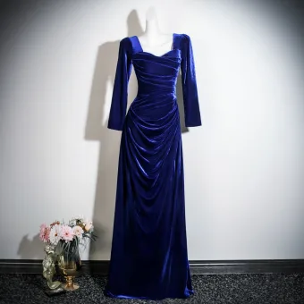 Vintage Retro Royal Blue Velvet Prom Dresses 2026 Trumpet Mermaid Square Neckline 3 4 Sleeve Backless Floor Length Long Formal Dresses