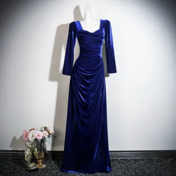 Vintage Originale Bleu Roi Velours Robe De Bal 2026 Trompette Sirène Encolure Carrée 3 4 Manches Dos Nu Longue Robe De Ceremonie