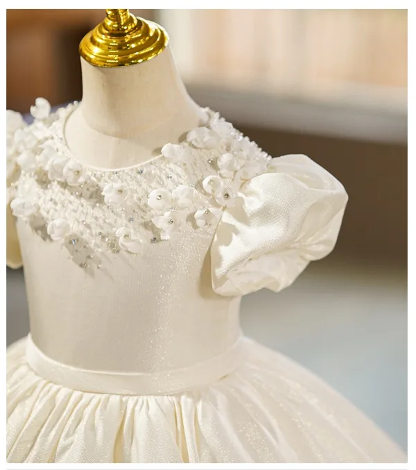 Elegant Ivory Appliques Glitter Rhinestone Birthday Flower Girl Dresses 2025 With Cloak Ball Gown Scoop Neck Puffy Short Sleeve Sweep Train