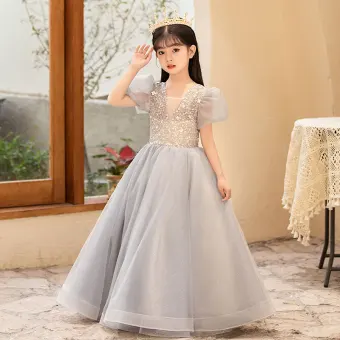 Chic Belle Gris Perlage Paillettes Anniversaire Robe Ceremonie Fille 2022 Princesse V Cou Gonflée Manches Courtes Longue