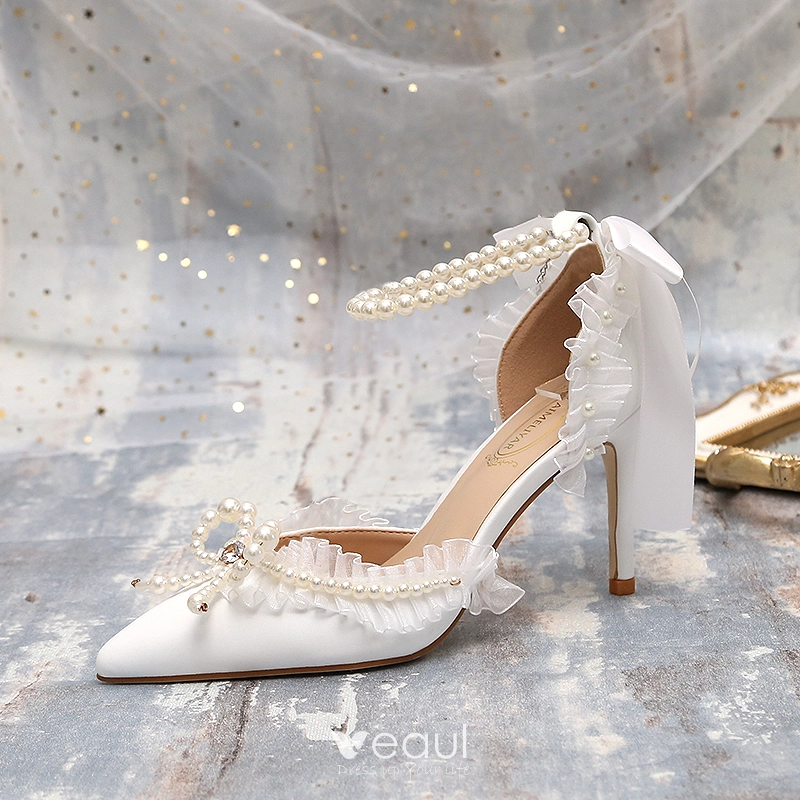Vintage Originale Blanche Perle Faux Diamant Noeud Chaussure De Mariee 2024 9 cm Talons Aiguilles A Bout Pointu Mariage Talons Hauts