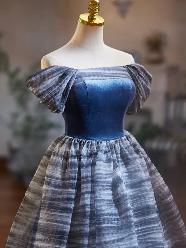 Modest / Simple Ocean Blue Prom Dresses 2024 Ball Gown Off-The-Shoulder Short Sleeve Backless Floor-Length / Long Prom Formal Dresses