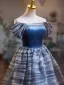 Modest / Simple Ocean Blue Prom Dresses 2024 Ball Gown Off-The-Shoulder Short Sleeve Backless Floor-Length / Long Prom Formal Dresses