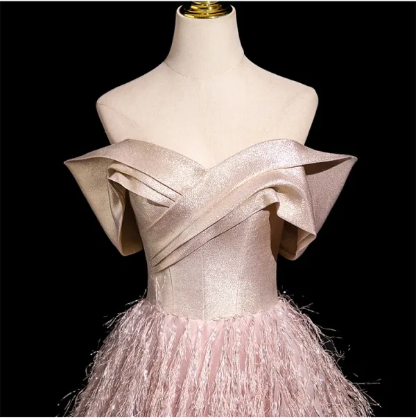 Fashion Blushing Pink Glitter Tassel Prom Dresses 2025 Ball Gown Off-The-Shoulder Short Sleeve Backless Floor-Length / Long Prom Formal Dresses