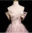 Fashion Blushing Pink Glitter Tassel Prom Dresses 2025 Ball Gown Off-The-Shoulder Short Sleeve Backless Floor-Length / Long Prom Formal Dresses