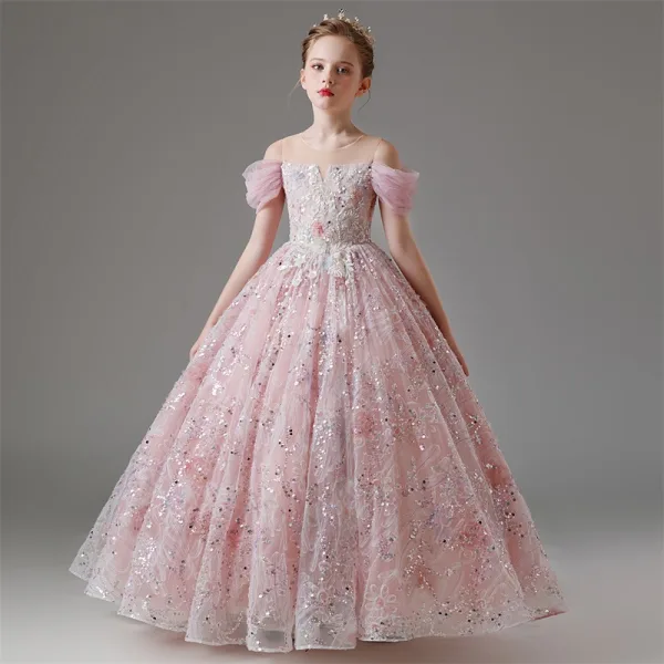 Chic / Beautiful Blushing Pink Beading Sequins Lace Flower Flower Girl Dresses 2024 Birthday Ball Gown Scoop Neck Short Sleeve Floor-Length / Long