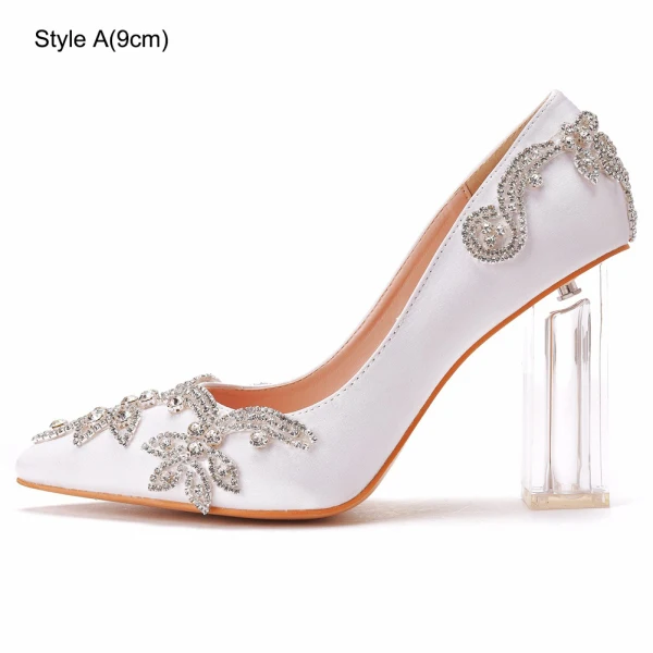 Mode Weiß Strass Kristall Pumps 2023 9 cm Thick Heels Spitzschuh Hochzeit Sandaletten Hochhackige