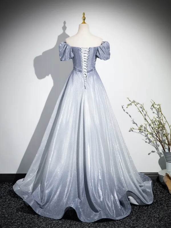 Chic / Beautiful Multi-Colors Grey Glitter Prom Dresses 2024 A-Line / Princess Square Neckline Short Sleeve Backless Floor-Length / Long Prom Formal Dresses
