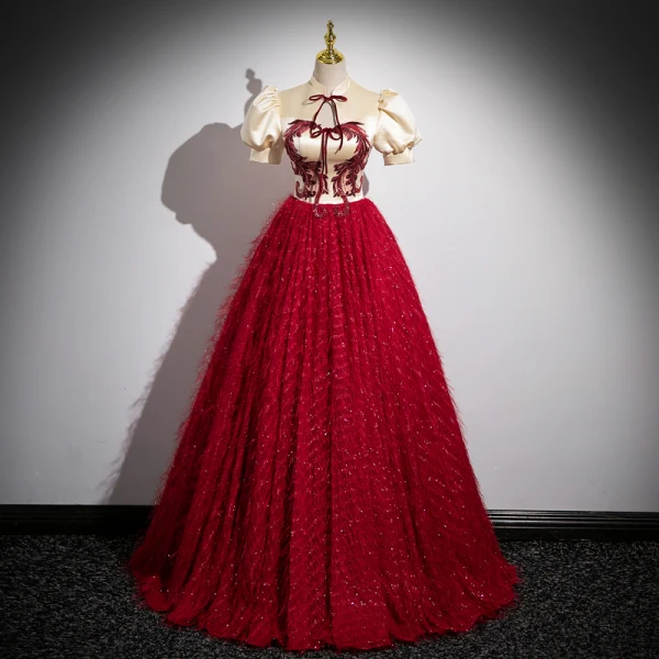 Vintage / Retro Chinese style Burgundy Beading Lace Flower Prom Dresses 2023 Ball Gown High Neck Bow Puffy Short Sleeve Floor-Length / Long Formal Dresses