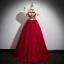Vintage / Retro Chinese style Burgundy Beading Lace Flower Prom Dresses 2023 Ball Gown High Neck Bow Puffy Short Sleeve Floor-Length / Long Formal Dresses