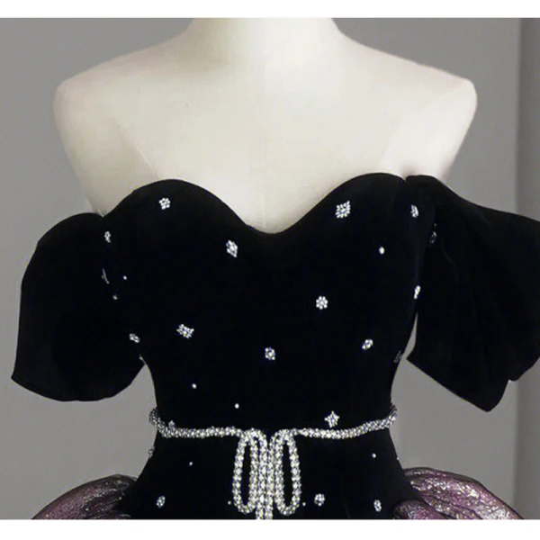Vintage / Retro Black Rhinestone Sash Satin Prom Dresses 2023 Ball Gown Off-The-Shoulder Short Sleeve Backless Floor-Length / Long Formal Dresses