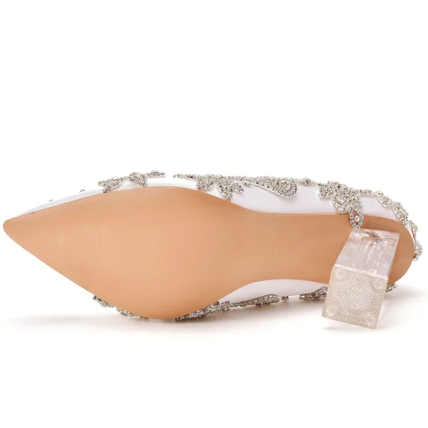 Charmant Blanche Cristal Chaussure De Mariée 2022 9 cm Talons Épais Faux Diamant À Bout Pointu Mariage Escarpins Talons Hauts