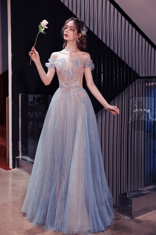 a-line long sleeves off-the-shoulder tulle with beading floor-length dresses Off-The-Shoulder Long Sleeve Tulle A-Line Wedding Dress main image 0
