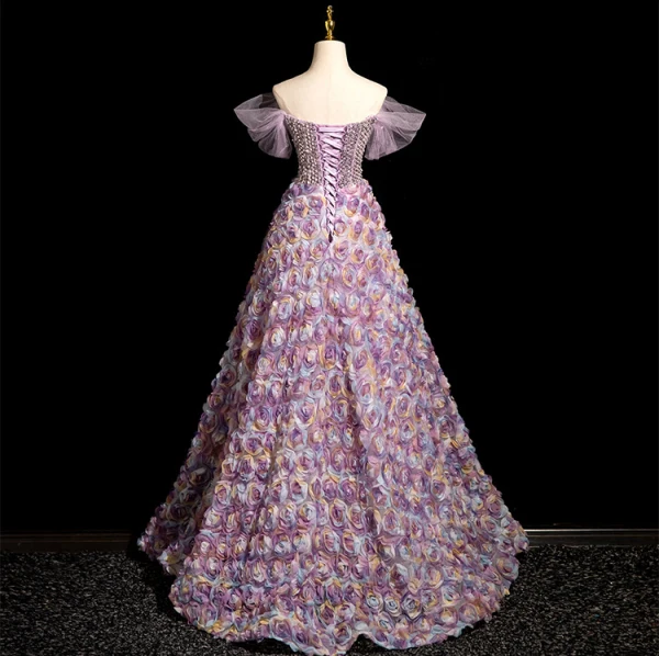 Lovely Lavender Beading Sequins Appliques Prom Dresses 2024 A-Line / Princess Off-The-Shoulder Sleeveless Backless Floor-Length / Long Prom Formal Dresses
