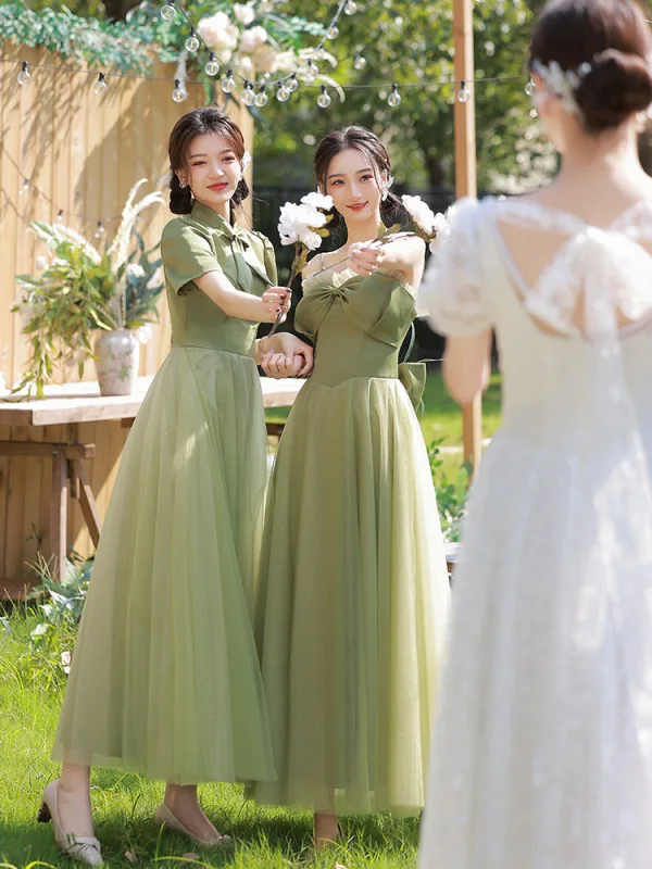 Modest / Simple Sage Green Bow Bridesmaid Dresses 2022 A-Line / Princess Short Sleeve Backless Floor-Length / Long Bridesmaid Wedding Party Dresses