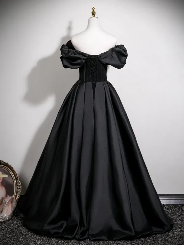 Vintage / Retro Black Prom Dresses 2025 Ball Gown Off-The-Shoulder Short Sleeve Backless Floor-Length / Long Formal Dresses