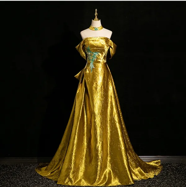 slim fit dress slacks Unique Yellow Gold Long Evening Prom Dress With Ruffles One Shoulder –  Dbrbridal