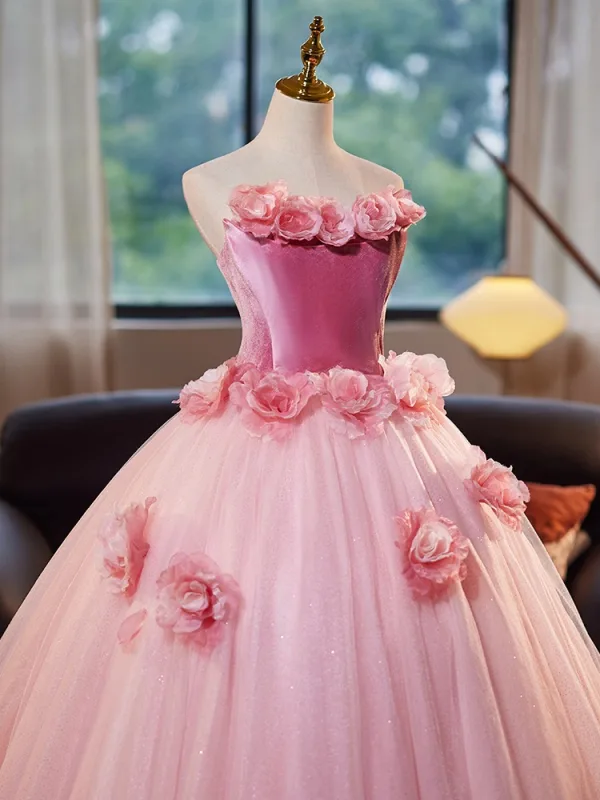 Flower Fairy Blushing Pink Appliques Ball Gown Prom Dresses 2025 Strapless Sleeveless Backless Floor-Length / Long Prom Formal Dresses
