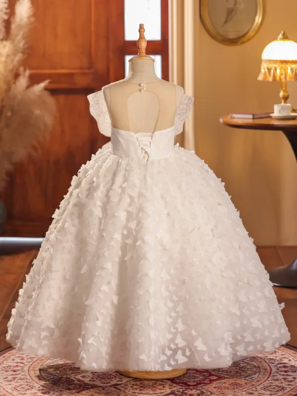 Lovely White Rhinestone Appliques Butterfly Birthday Flower Girl Dresses 2024 Ball Gown Scoop Neck Sleeveless Backless Floor-Length / Long