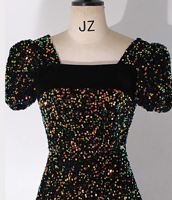 Scintillantes Noire Paillettes Robe De Bal 2024 Princesse Encolure Carrée Gonflée Manches Courtes Dos Nu Longue Promo Robe De Ceremonie