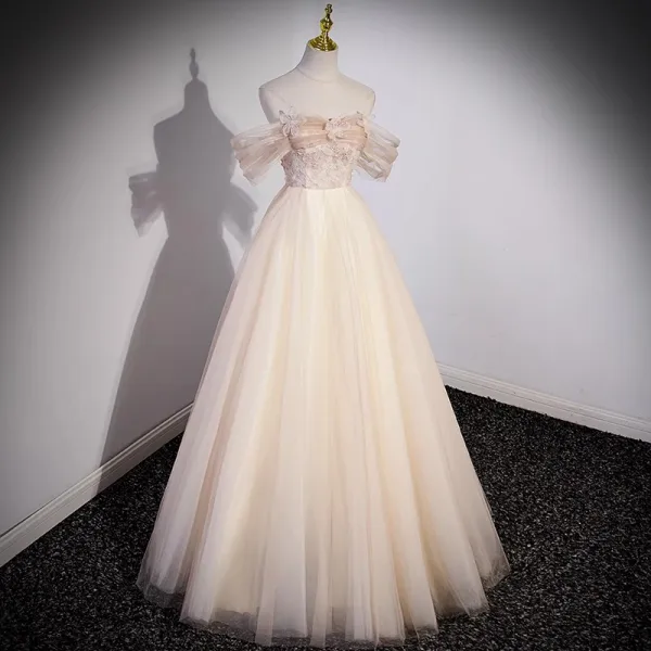 Charming Champagne Beading Appliques Prom Dresses 2023 A-Line / Princess Off-The-Shoulder Short Sleeve Backless Floor-Length / Long Prom Formal Dresses