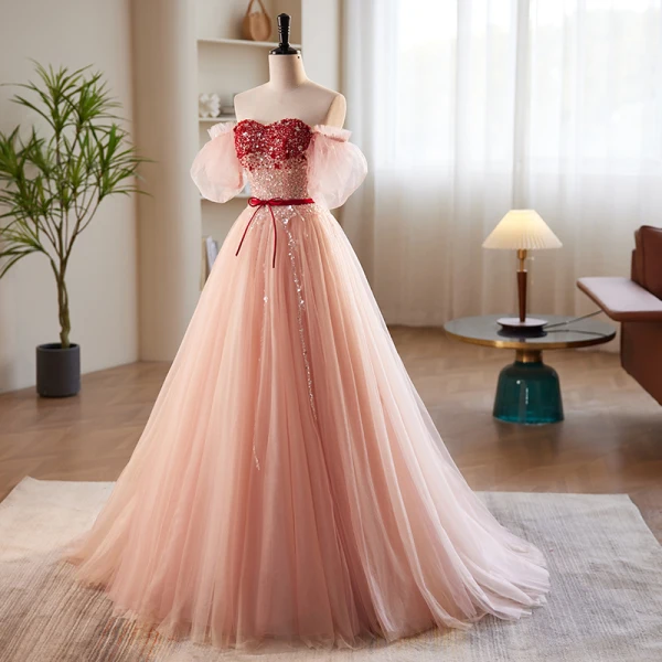 Fashion Blushing Pink Beading Sequins Prom Dresses 2023 A-Line / Princess Off-The-Shoulder Bow Sash Short Sleeve Backless Floor-Length / Long Prom Formal Dresses