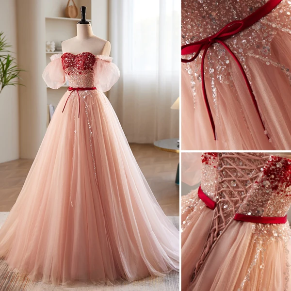 Fashion Blushing Pink Beading Sequins Prom Dresses 2023 A-Line / Princess Off-The-Shoulder Bow Sash Short Sleeve Backless Floor-Length / Long Prom Formal Dresses