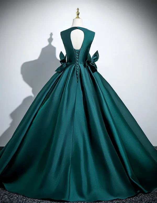 Vintage / Retro Dark Green Bow Satin Prom Dresses 2025 Ball Gown Scoop Neck Sleeveless Backless Floor-Length / Long Prom Formal Dresses