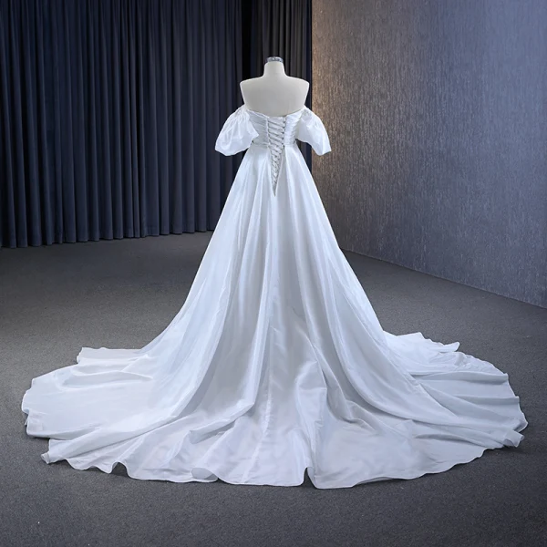 Sexy High-end White Evening Dresses 2023 A-Line / Princess Off-The-Shoulder Short Sleeve Rhinestone Bow Backless Court Train Evening Party Formal Dresses