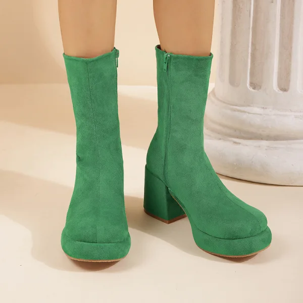 Comfortable Green Street Wear Winter Suede Womens Boots 2023 6 cm Thick Heels Round Toe Boots High Heels