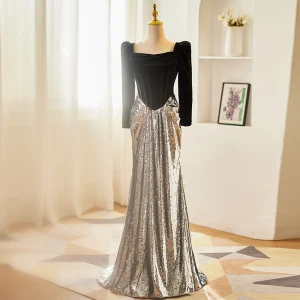 Sparkly Black Silver Sequins Evening Dresses 2024 Trumpet Mermaid Square Neckline 3 4 Sleeve Backless Bow Sweep Train Evening Party Formal Dresses