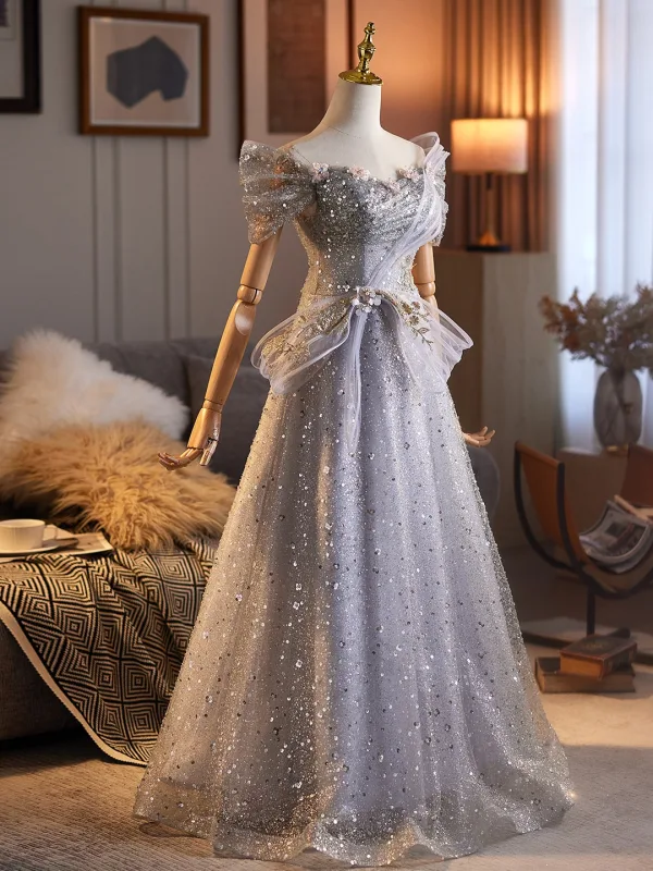 Sparkly Silver Pearl Sequins Prom Dresses 2026 A-Line Princess Off-The-Shoulder Short Sparkly Silver Pearl Sequins Prom Dresses 2026 A-Line Princess Off-The-Shoulder Short