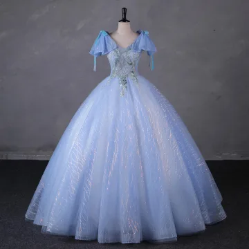 Mode Bleu Ciel Perlage Paillettes Robe De Bal 2023 Robe Boule V Cou Manches Courtes Noeud Dos Nu Longue Promo Robe De Ceremonie