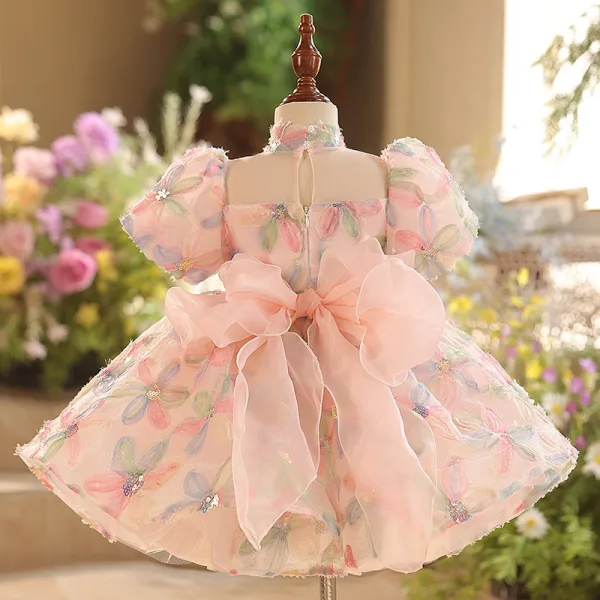 Chic / Beautiful Blushing Pink Beading Pearl Sequins Birthday Flower Girl Dresses 2025 Ball Gown High Neck Puffy Short Sleeve Bow Short