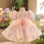 Chic / Beautiful Blushing Pink Beading Pearl Sequins Birthday Flower Girl Dresses 2025 Ball Gown High Neck Puffy Short Sleeve Bow Short